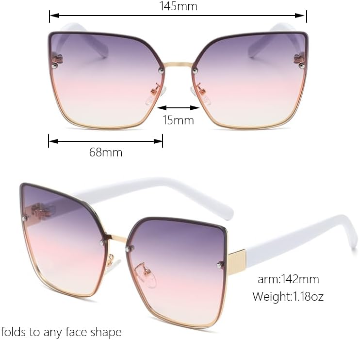 Siming Oversized Square Sunglasses, Rimless Design, Metal Frame with Gold Accents, UV Protection - Image 5