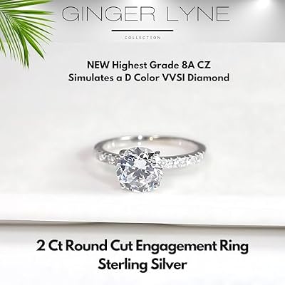 Round CZ Engagement Ring for Women by Ginger Lyne 2 Carat 8A Cubic Zirconia in Sterling Silver Classic Round Solitaire Style Promise Ring or Bridal Jewelry Gift