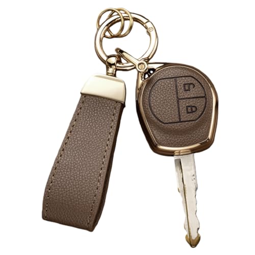 WiiLemz Key Fob Cover Compatible with Suzuki Vitara Swift Ignis SX4 Liana Alto, Upper Leather + Soft TPU Key Cover Case with Keychain for Insert Key 2-Buttons (Brown)