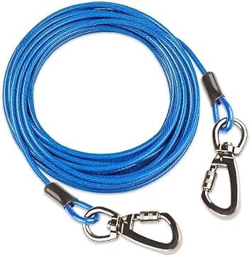 30FT Blue Heavy Duty Dog Tie Out Cable - 500LBS Tensile, Swivel Hook & Shock Spring for Small to Medium Pets