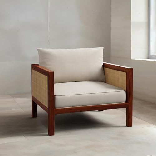 Image of OCTANGLE Sheesham Wood Rattan 1 Seater Sofa for Livingroom - Wooden Sofa Set for Home with White Cushion - Handcrafted Livingroom Sofa Furniture (Honey Finish)