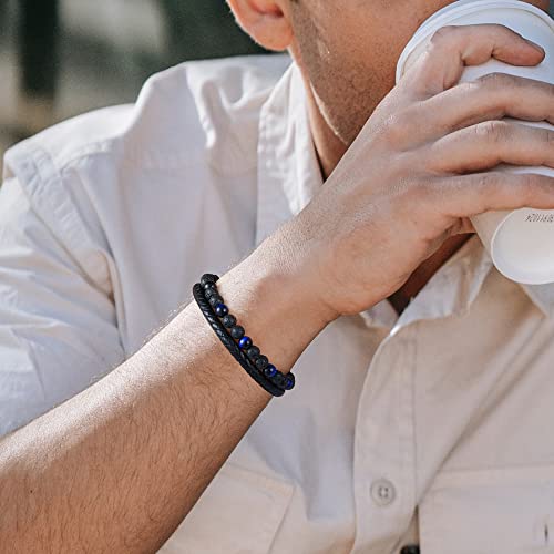 Fathers Day Mens Bracelets Gifts For Men - Gifts For Dad 6Mm Natural Stone Lava Rock Bracelets For Men Mens Leather Beaded Bracelets Black Mens Bracelets Beads Anxiety Bracelets Healing Bracelets #TOP1