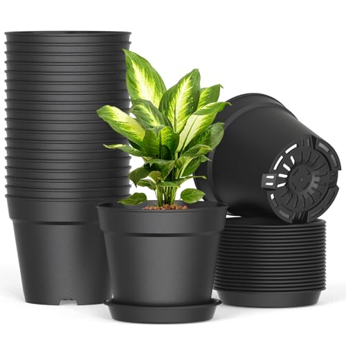 SwinDuck 20 Pack 6 Inch Plant Pots with Drainage and Saucers, Black Plastic Flower Pots for Indoor and Outdoor Plants, Stackable Nursery Planters for Houseplants and Herbs, Black