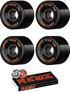 63mm Mini Logo ATF A.W.O.L Black Skateboard Wheels - 80a with Bones Bearings - 8mm Bones Reds Precision Skate Rated Skateboard Bearings (8) Pack - Bundle of 2 Items