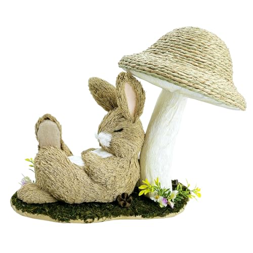 Nature Vibe 9.6 Inches Sisal Bunny Easter Decor,Natural Easter Bunny Resting Under Mushroom for Easter Table Decorations,Decorative Farm Animals Bunny Figurine as Spring Decorations for Home
