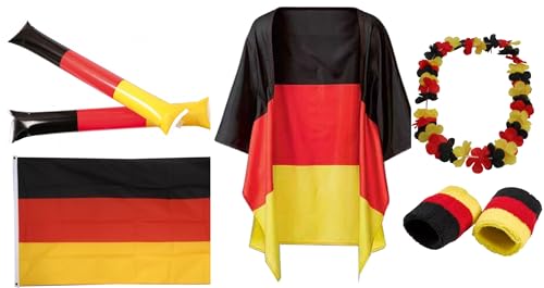 Daged Lot de 9 bandeaux de supporter de l'Allemagne - Avec drapeau, poncho, barres de taping - Chaîne hawaïenne - Noir/rouge/doré - Polyester - Article de fan de football