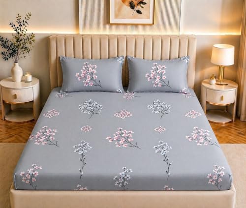 Image of Castiqa Elastic Fitted Supersoft Premium Polycotton 200TC King Size Bedsheets with 2 Pillow Covers (Fits Upto Mattress of 8Inches) (Light Gray, Full 72x78x8Inch)
