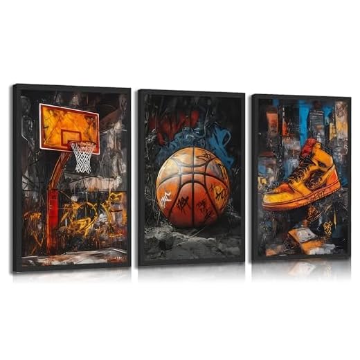 3pcs Graffiti Basketball Canvas Wall Art Sneakers Basketball Court Posters Prints Paintings Retro Abstract Graffiti Teen Pictures Wall Decor for Teen Boys Living Room Bedroom Decoration Unframed