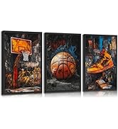 3pcs Graffiti Basketball Canvas Wall Art Sneakers Basketball Court Posters Prints Paintings Retro...