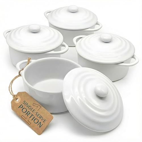 Kook Ceramic Mini Cocotte Set, Small Casserole Dishes with Lids and Handles, Individual Baking Ramekins, Oven, Microwave & Dishwasher Safe, Stoneware, 12 oz, Set of 4, Swiss White