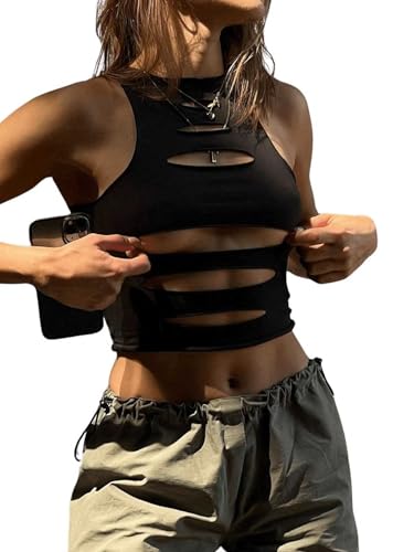 Floerns Women's Cut Out Sleeveless Round Neck Punk Rock Solid Ripped Crop Tank Top Black A Large