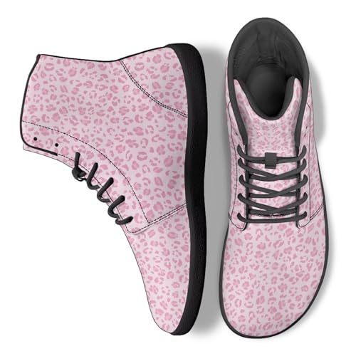 Binienty Light Pink Leopard Print Barefoot Running Shoes for Women, Women's Minimalist Zero Drop Barefoot Sneakers Lace Up Winter Boots with Ankle Support, US 8.5