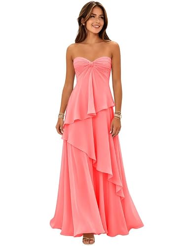 Jmqvz Coral Strapless Bridesmaid Dresses Chiffon Tiered Ruffles Flowy Sleeveless Evening Party Gown Size 4