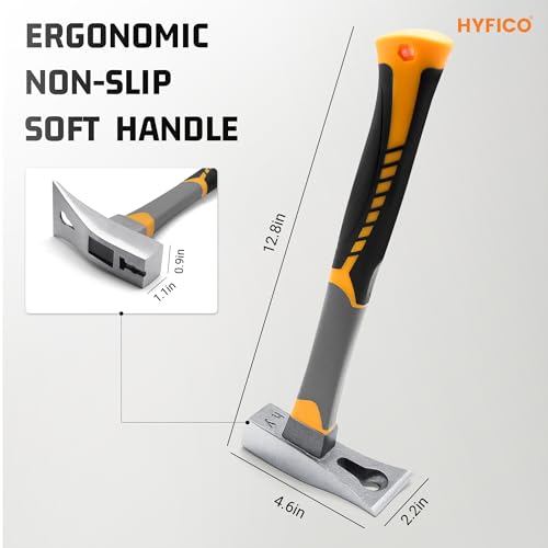 3-in-1 Pry Bar Hammer with Nail Puller - Unique Hammer Head 12.5\" 18oz Pry Bar - Multi-Functional Tool with Cats Paw, Crowbar | Rubber Grip, Polished Beveled Claws - Forged Steel Design for Strength