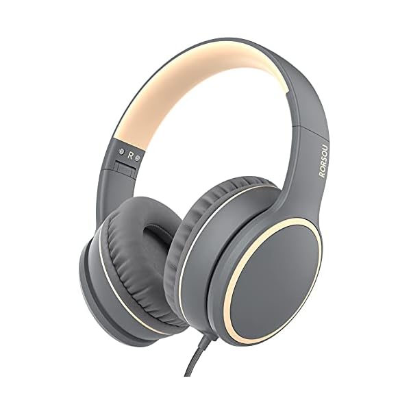 RORSOU R10 On-Ear Headphones with Microphone, Lightweight Folding Stereo Bass Headphones with 1.5M No-Tangle Cord, Portable Wired Headphones for Smartphone Tablet Computer MP3 / 4 (Grey)