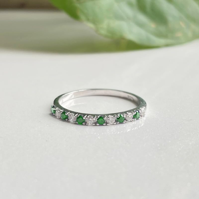 Miniatura 6 de Alternate Green Emerald & White Diamond Half Eternity Wedding Band For Women, 14k Yellow Gold Finish Green Emerald Wedding Band, Ladies Stackable