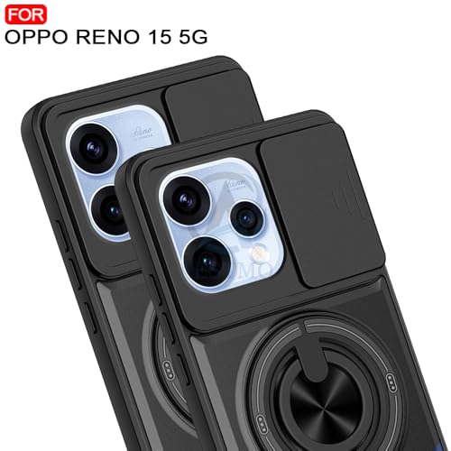 Image of AESTMO Oppo Reno 15 5G Back Cover | Armor Camera Slider 360 Degree Rotating Finger Ring Holder Case with Bracket Stand Back Case Cover for Oppo Reno 15 5G (Compatible with MagSafe Accessories) (Black)