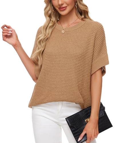 Image of MINTLIMIT Womens Batwing Short Sleeve Sweaters Loose Oversized Waffle Knit Pullover Sweater Top