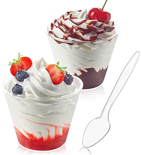 50 Pack 5 oz Plastic Dessert Cups with Spoons, Mini Mousse Cup Round Pudding Cups Party Serving Bowl for Cocktails Appetizers Fruit Parfait and Trifle