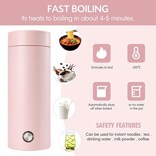 Portable Travel Kettle, 3 in 1 Mini Electric Heating Cup, 400ML Stainless Steel Travel Heating Mug, Fast Boil and Auto Shut Off Hot Water Heater Thermos for Tea/Coffee/Milk/Fast Food - Phink