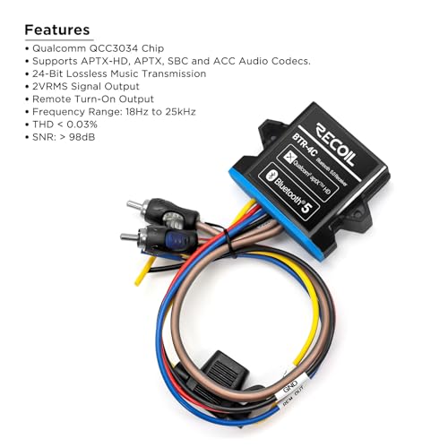 RECOIL BTR-4IC IPX6 Waterproof Bluetooth 5.0 Receiver 24bit/48kHz Lossless Audio w/aptX HD, Low Latency for Marine, UTV, Motorcycle, Car Stereo Amplifier