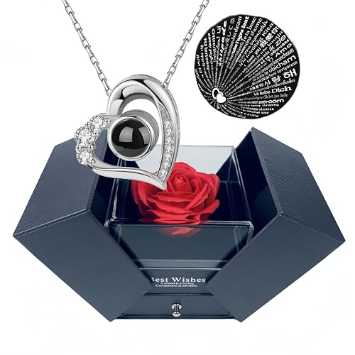 GUCHO Ewige Rose mit I Love You-Halskette in 100 Sprachen,Geschenke für Freundin,Geschenke für Valentinstag Geschenk,Frauen,Freundin,Muttertag Rosenbox GUCHO Ewige Rose mit I Love You-Halskette in 100 Sprachen,Geschenke für Freundin,Geschenke für Valentinstag Geschenk,Frauen,Freundin,Muttertag Rosenbox