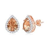NYC Sterling Women Rose Gold Plated Cubic Zirconia Pear Simulated Morganite Halo Stud Earring (Pear)
