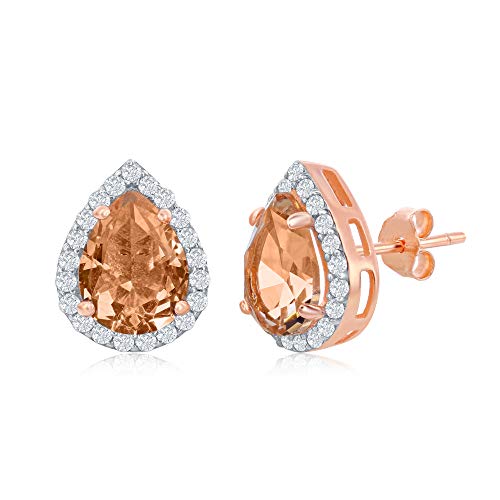 Nyc Sterling Women Rose Gold Plated Cubic Zirconia Pear Simulated Morganite Halo Stud Earring (Pear) #TOP20