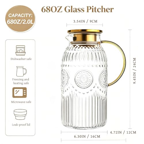 Image of Amzcku Glass Pitcher with Lid 68oz 2L Vintage Water Carafe Beverage 1Pack