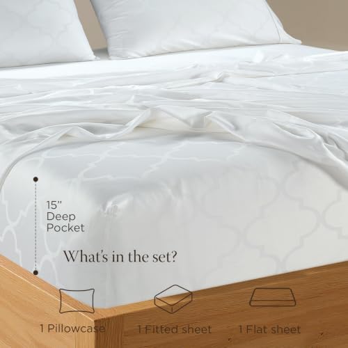 Image of Threadmill 300 Thread Count Cotton Twin Sheet Set, Sateen, Damask, White | 100% Cotton, Sateen Weave, Damask Pattern, 3-Piece Set, 16 inch Deep Pocket, Cooling, Breathable, OEKO-TEX Certified
