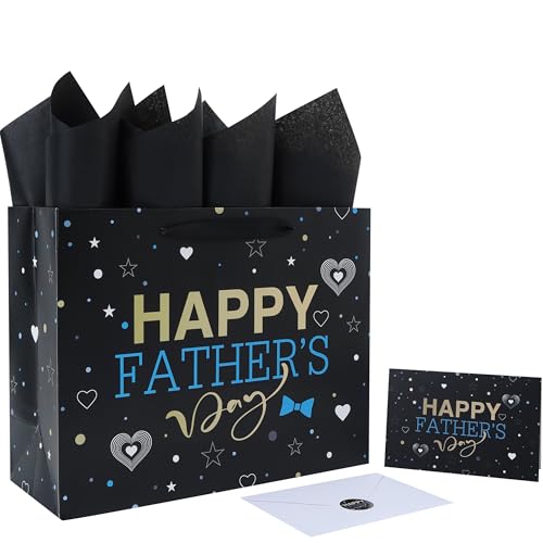 wishinside 13'' Large Father's Day Bag Gift Bag Set with Handles, Greeting Card, Tissue Papers and Stickers for Men, Dad Day, Best Dad Ever, Father's Day Design, 1 Pcs