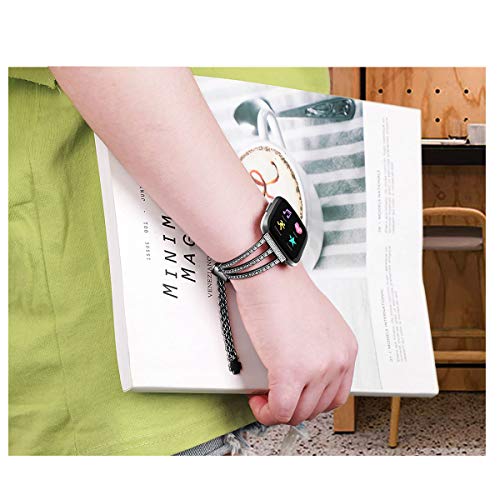 Versa Lite Wristband,Elecfan Metal Bracelet Rhinestone Wristband Stainless Steel Rhinestone Watch Strap Replacement Accessories Strap For Fitbit Versa/Versa 2/Versa Lite (Black) #TOP4