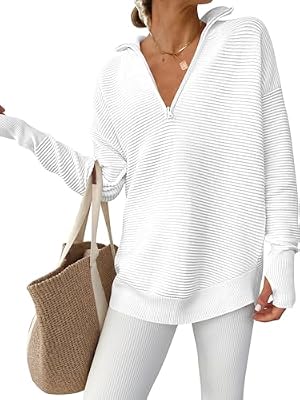 ANRABESS Women Long Sleeve Quarter Zip Pullover Fall Sweater, White, M