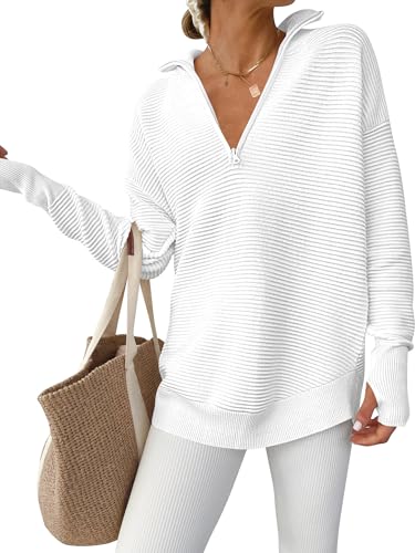 ANRABESS Womens Long Sleeve Quarter Zip Pullover Sweater Casual Loose V Neck Collared Ribbed Knit Jumper Tops Thumb Hole White Large