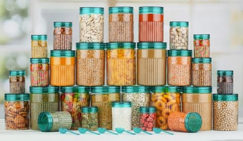 Image of Polypropylene Pet Food Storage Containers Set With Airtight Lids, Kitchen Organisation Jars For Pasta, Spices, Dry Goods, Stackable (12 Pcs SKY), Transparent