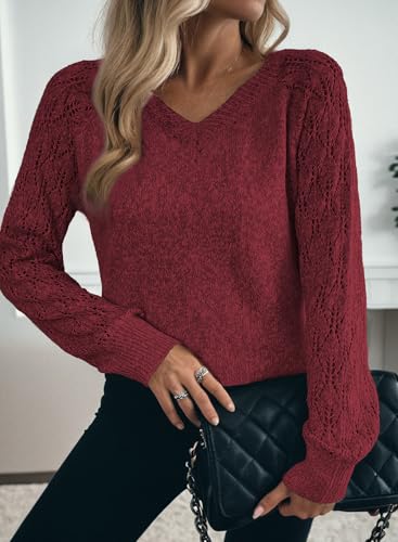 Dokotoo Women's Fall Sweaters 2025 Lightweight Casual Long Sleeve V Neck Chocolate Brown Fall Clothes Sweater Tops Cable Knit Pullover,Vine XX-Large — view 3