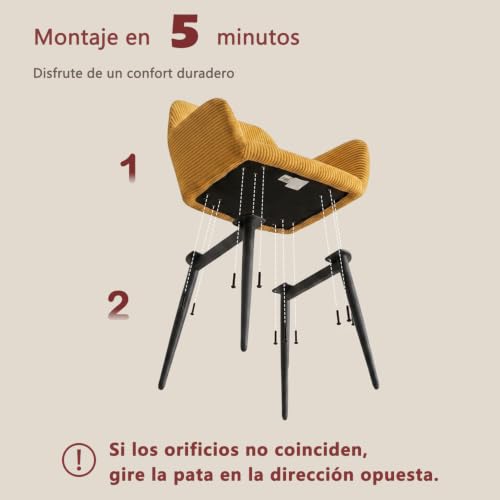 Miniatura 5 de Meuble Cosy Juego De 2 Sillas De Comedor Escandinavo Sillón Tapizado En Pana Con Reposabrazos Patas Metal Para Cocina Salón Dormitorio Oficina, Amarillo