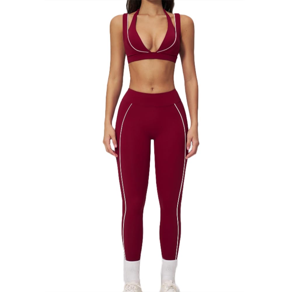 XYFfybhsd V Neck Halter Sports Bra High Elastic Support Matching Running Fitness Full Length Leggings Slim Yoga Set Workout Active Outfit(Size:M,Color:Red)