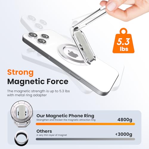 Image of Multi-Functional Magnetic Phone Grip Kickstand for MagSafe, Phone Holder for Hand, Foldable Ring Stand with Finger Loop Strap for Bedtime Scrolling & On-the-Go, Wireless Charging Compatible, Silver