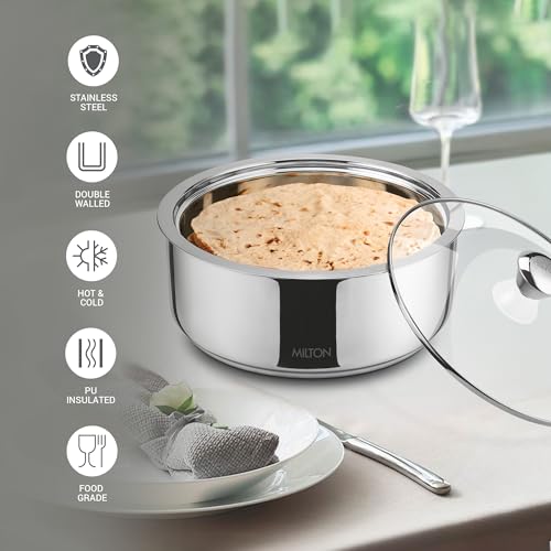 Image of MILTON Castella II Stainless Steel Roti Casserole | Double-Walled Insulated Food Server | Easy-to-Carry Hot Box for Kitchen | Chapati, Paratha Storage | Serving Casserole with Glass Lid | 2500 ml, Silver