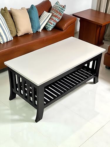 Image of WELLBORN Wooden Center Table /CoffeeTable /Sheesham Wood Tea Table for Living Room, Bed Room, Waiting Room, Hotels, Office, Restaurant, CAF (39.5xW20xH18 Inch) (White top & Black Base)