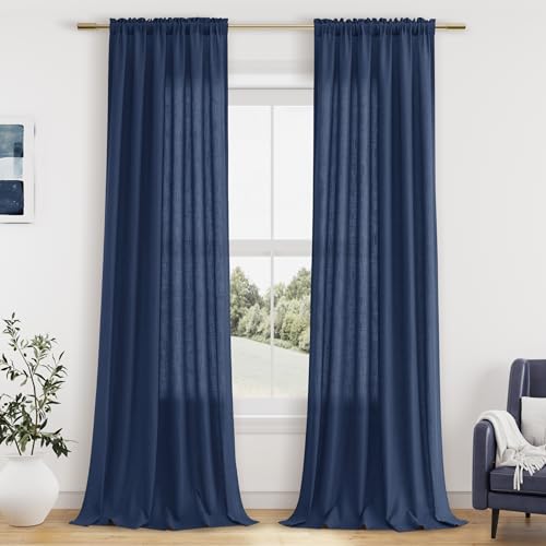 Guken Linen Curtains 96 Inch Long for Living Room Rod Pocket Denim Blue