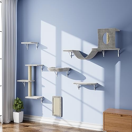 NUNU LAB Wall Mounted Cat Furniture Set - 6 Pcs Climber Set with House, Bridge, Steps, Scratcher Board - DIY Walls Playground, Indoor Cat Shelves - Gray by NUNU LAB - Used condition - US$44.03