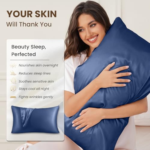 Image of THXSILK 100% Pure Mulberry Silk Pillowcase for Hair and Skin, 25 Momme, 6A+ Grade Silk Pillow Case Queen Size 20 inchx30 inch, Real Silk Pillowcase with Zipper, Anti Aging Acne Free (Navy Blue)