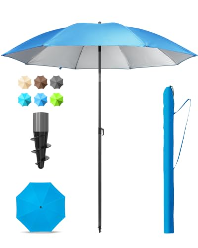 Menz Sonnenschirm Strand 180 cm + Sonnenschirmhülle - UV50+ Strandschirm Balkonschirm mit Knickfunktion Gartenschirm Sonnenschirm Balkon - Fb. Blau