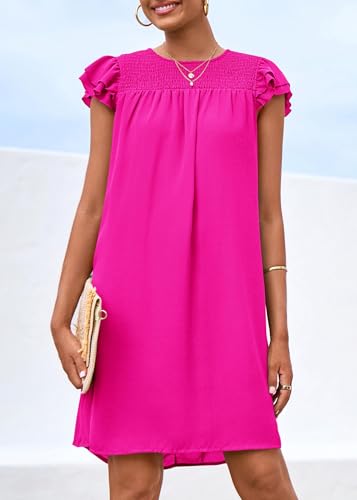 Image of KIRUNDO Wedding Guest Shift Dresses for Women Short Spring Summer Ruffle Cap Sleeve Chiffon Babydoll Flowy Mini Sundress(Bright Rose Red, Large)