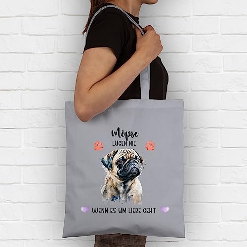 Baumwolltasche - Hunde - Mops - Geschenk Hundebesitzern - Unisize - Hellgrau - tasche hund hundebesitzer motiv einkaufstasche geschenke für hundefans hundemotiv stofftaschen bag with dog hunden