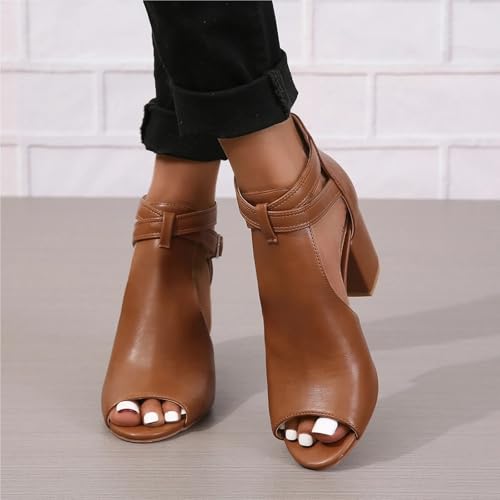 TOSOFT Women Leather Sandals Summer Nude Open Toe Chunky Heel Ankle Booties Big Footed Ladies Heeled Casual Shoes US5-113