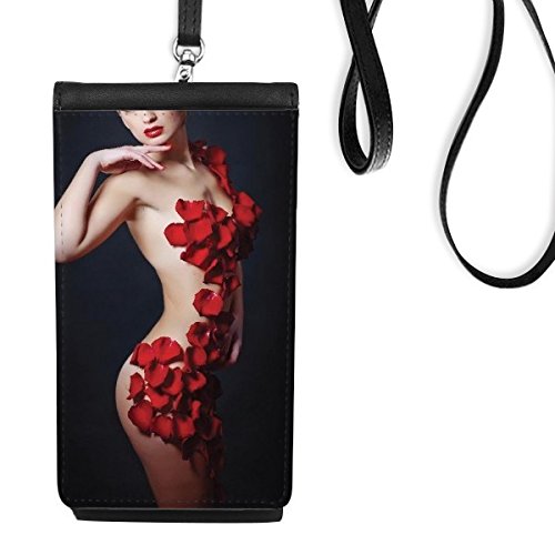 Pochette téléphone noir en cuir pour sorties et soirées chic motif lèvres et roses nude