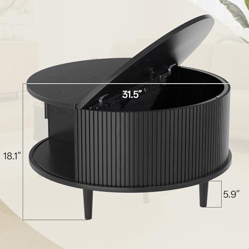 Image of Round Coffee Table with Storage, Mid Century Modern Coffee Table, Fluted Dining Table with Sliding Door, Circle Coffee Table for Living Room Home Office, 31.5 inch, Black